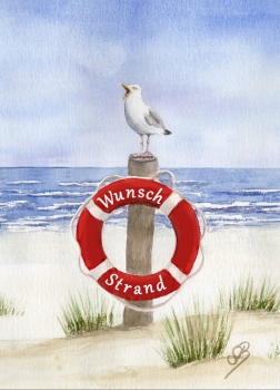Poster DIN-A4  Rettungsring Aquarell Maritim Kunst Druck Kunstdruck Dänemark Nordsee Ostsee Düne Meer Möwe Strand Wunschname